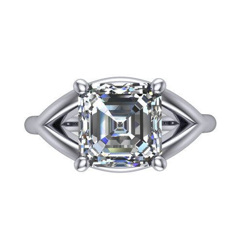 Margot square emerald solitaire engagement ring in 18K White Gold, top-down view showing the step-cut square emerald center diamond framed by pointed marquise-shaped open shoulders