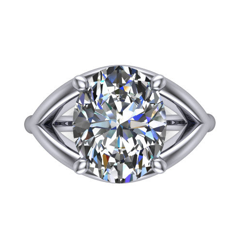 Margot oval solitaire engagement ring in Platinum, top-down view showing the brilliant oval center diamond framed by pointed marquise-shaped open shoulders