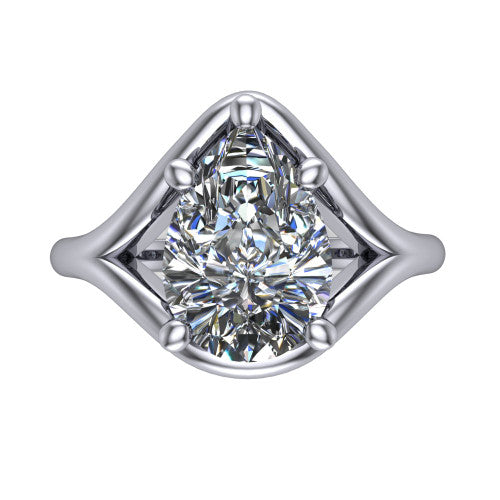 Margot pear solitaire engagement ring in 18K White Gold, top-down view showing the brilliant pear-cut center diamond framed by pointed marquise-shaped open shoulders