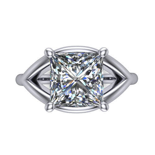 Margot princess solitaire engagement ring in 18K White Gold, top-down view showing the brilliant princess-cut center diamond framed by pointed marquise-shaped open shoulders