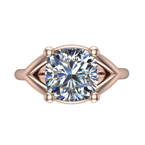 Margot cushion solitaire engagement ring in 18K Rose Gold, top-down view showing the brilliant cushion-cut center diamond framed by pointed marquise-shaped open shoulders