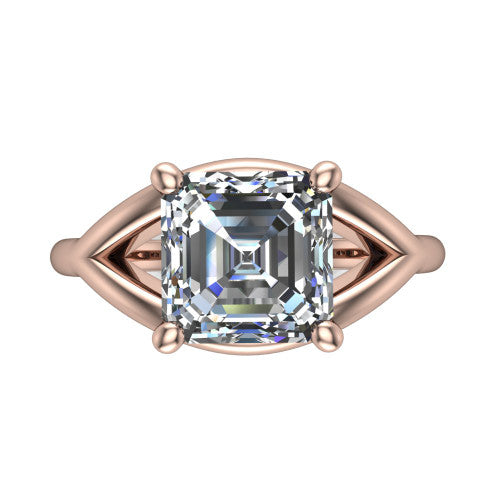 Margot square emerald solitaire engagement ring in 18K Rose Gold, top-down view showing the step-cut square emerald center diamond framed by pointed marquise-shaped open shoulders