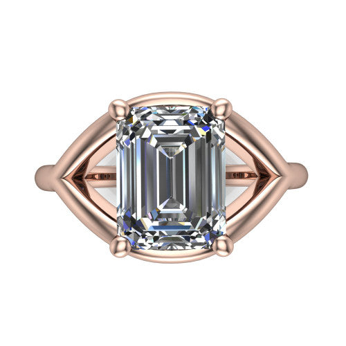 Margot emerald solitaire engagement ring in 14K Rose Gold, top-down view showing the step-cut emerald center diamond framed by pointed marquise-shaped open shoulders