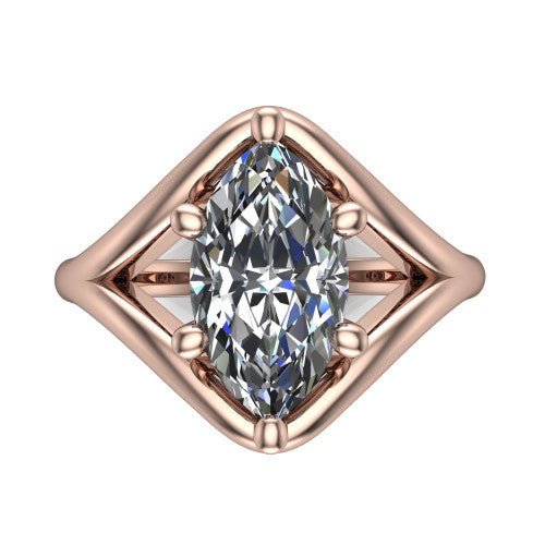 Margot marquise solitaire engagement ring in 14K Rose Gold, top-down view showing the brilliant marquise center diamond framed by pointed marquise-shaped open shoulders