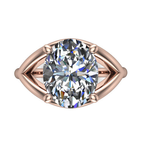 Margot oval solitaire engagement ring in 14K Rose Gold, top-down view showing the brilliant oval center diamond framed by pointed marquise-shaped open shoulders