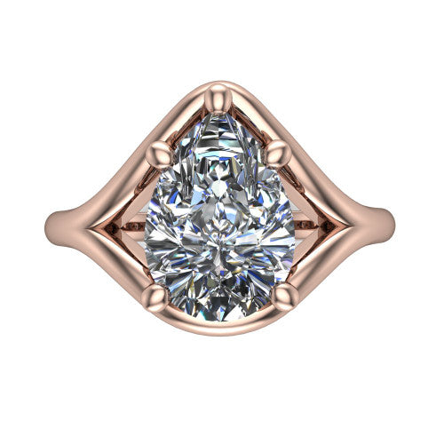 Margot pear solitaire engagement ring in 18K Rose Gold, top-down view showing the brilliant pear-cut center diamond framed by pointed marquise-shaped open shoulders