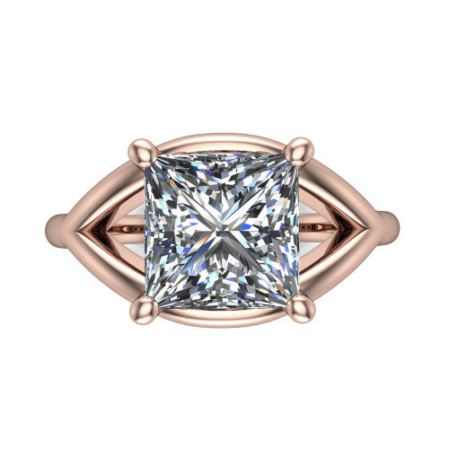 Margot princess solitaire engagement ring in 14K Rose Gold, top-down view showing the brilliant princess-cut center diamond framed by pointed marquise-shaped open shoulders