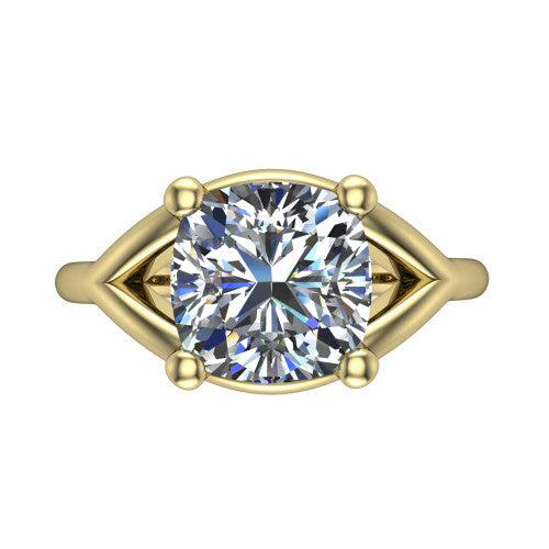 Margot cushion solitaire engagement ring in 14K Yellow Gold, top-down view showing the brilliant cushion-cut center diamond framed by pointed marquise-shaped open shoulders