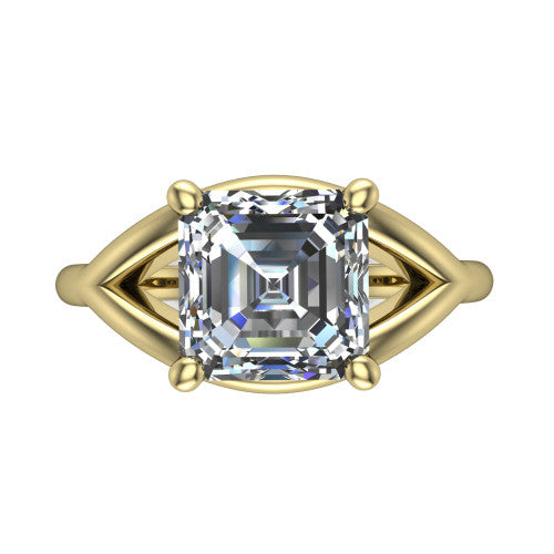 Margot square emerald solitaire engagement ring in 14K Yellow Gold, top-down view showing the step-cut square emerald center diamond framed by pointed marquise-shaped open shoulders