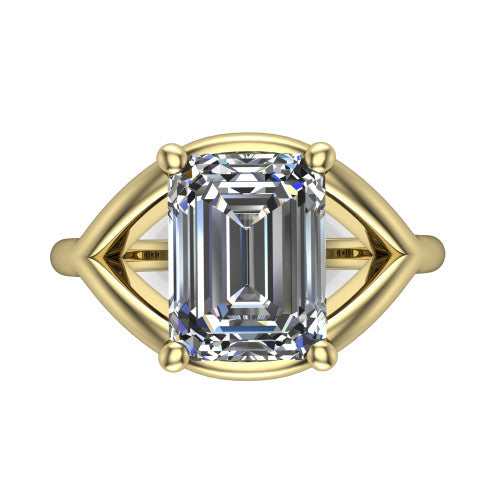 Margot emerald solitaire engagement ring in 18K Yellow Gold, top-down view showing the step-cut emerald center diamond framed by pointed marquise-shaped open shoulders
