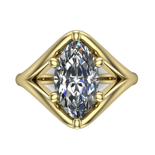 Margot marquise solitaire engagement ring in 18K Yellow Gold, top-down view showing the brilliant marquise center diamond framed by pointed marquise-shaped open shoulders