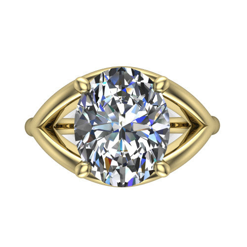 Margot oval solitaire engagement ring in 18K Yellow Gold, top-down view showing the brilliant oval center diamond framed by pointed marquise-shaped open shoulders