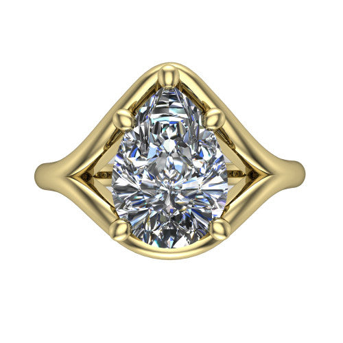 Margot pear solitaire engagement ring in 18K Yellow Gold, top-down view showing the brilliant pear-cut center diamond framed by pointed marquise-shaped open shoulders
