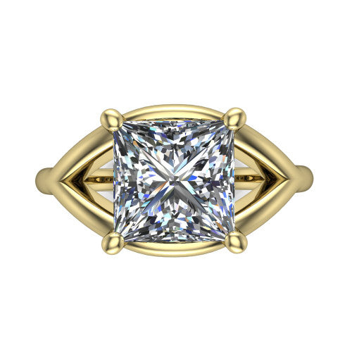 Margot princess solitaire engagement ring in 18K Yellow Gold, top-down view showing the brilliant princess-cut center diamond framed by pointed marquise-shaped open shoulders
