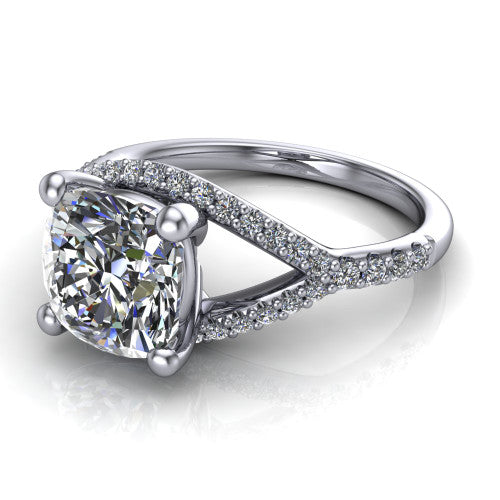Clementine cushion classic engagement ring in Platinum, three-quarter perspective showing the prong-set center above a pav&eacute; bypass split shank