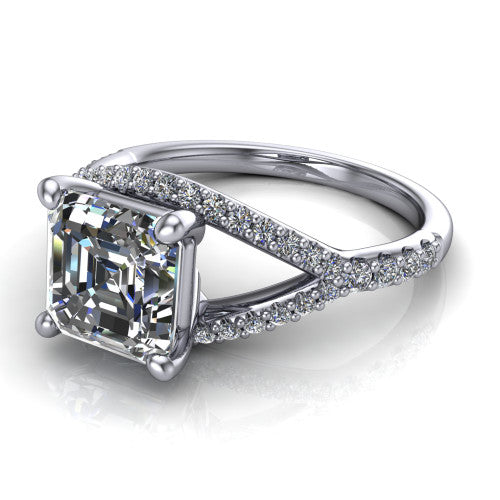 Clementine asscher classic engagement ring in Platinum, three-quarter perspective showing the prong-set center above a pav&eacute; bypass split shank