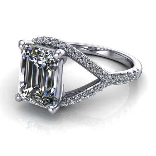 Clementine emerald classic engagement ring in 18K White Gold, three-quarter perspective showing the prong-set center above a pav&eacute; bypass split shank