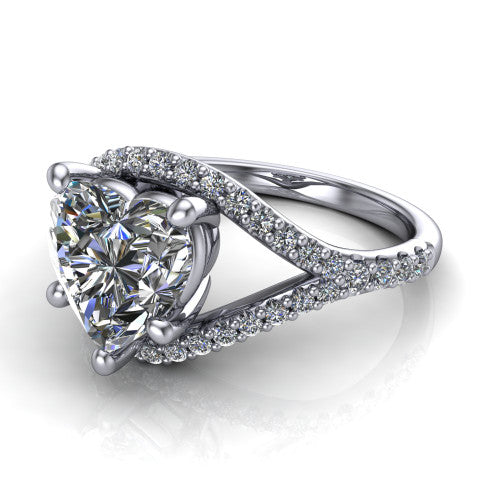 Clementine heart classic engagement ring in 14K White Gold, three-quarter perspective showing the prong-set center above a pav&eacute; bypass split shank