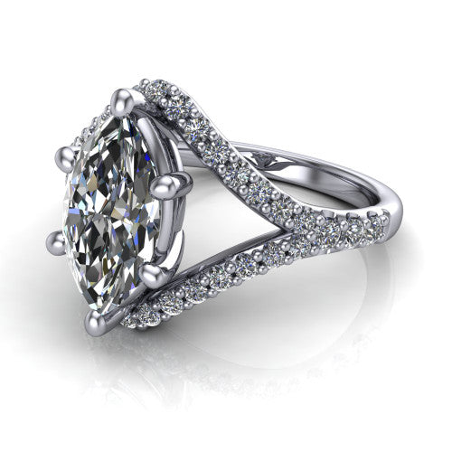 Clementine marquise classic engagement ring in 18K White Gold, three-quarter perspective showing the prong-set center above a pav&eacute; bypass split shank