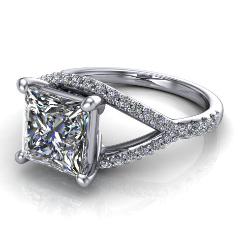 Clementine princess classic engagement ring in 14K White Gold, three-quarter perspective showing the prong-set center above a pav&eacute; bypass split shank