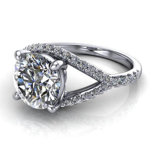 Clementine round classic engagement ring in 14K White Gold, three-quarter perspective showing the prong-set center above a pav&eacute; bypass split shank