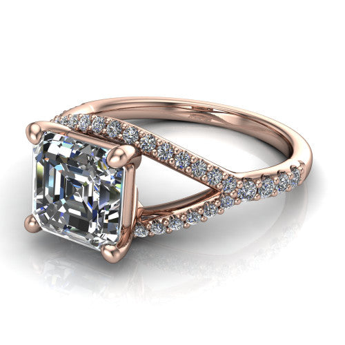 Clementine asscher classic engagement ring in 18K Rose Gold, three-quarter perspective showing the prong-set center above a pav&eacute; bypass split shank