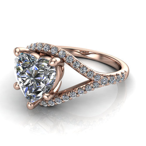 Clementine heart classic engagement ring in 14K Rose Gold, three-quarter perspective showing the prong-set center above a pav&eacute; bypass split shank