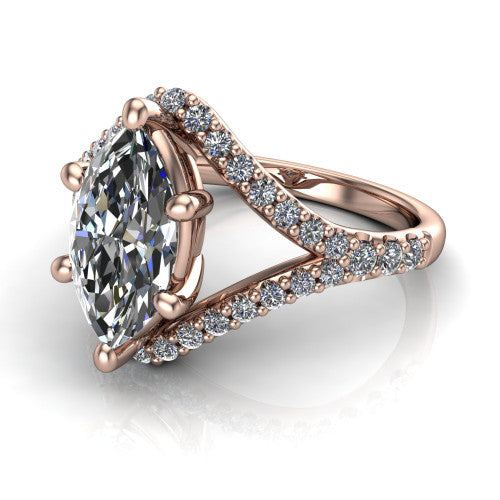 Clementine marquise classic engagement ring in 14K Rose Gold, three-quarter perspective showing the prong-set center above a pav&eacute; bypass split shank