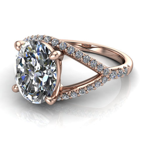 Clementine oval classic engagement ring in 14K Rose Gold, three-quarter perspective showing the prong-set center above a pav&eacute; bypass split shank