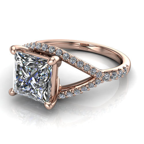 Clementine princess classic engagement ring in 14K Rose Gold, three-quarter perspective showing the prong-set center above a pav&eacute; bypass split shank