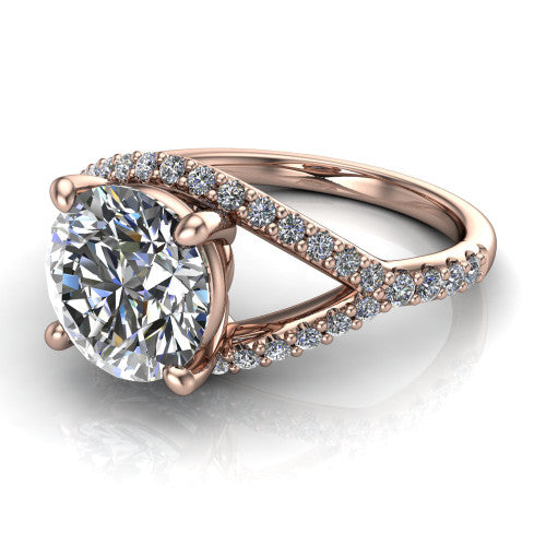 Clementine round classic engagement ring in 18K Rose Gold, three-quarter perspective showing the prong-set center above a pav&eacute; bypass split shank