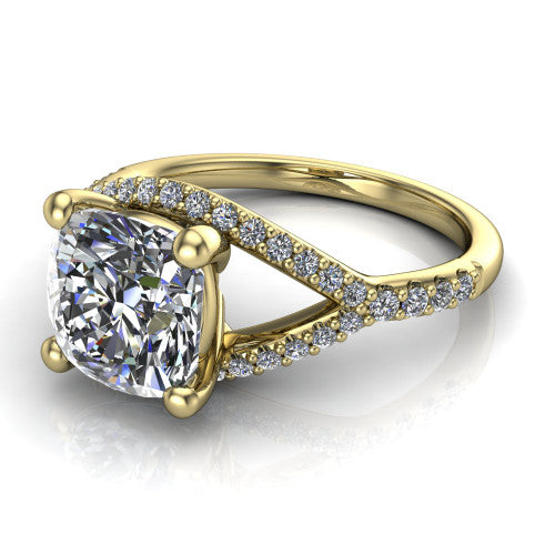 Clementine cushion classic engagement ring in 14K Yellow Gold, three-quarter perspective showing the prong-set center above a pav&eacute; bypass split shank