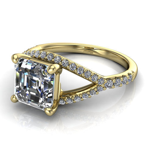 Clementine asscher classic engagement ring in 14K Yellow Gold, three-quarter perspective showing the prong-set center above a pav&eacute; bypass split shank