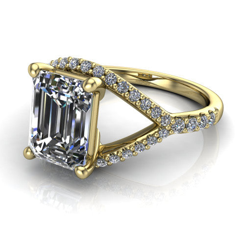 Clementine emerald classic engagement ring in 14K Yellow Gold, three-quarter perspective showing the prong-set center above a pav&eacute; bypass split shank