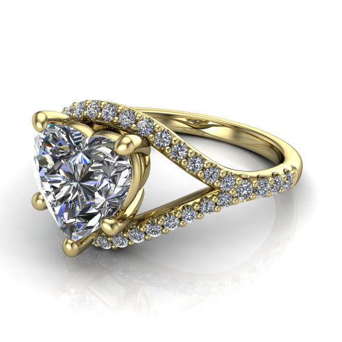 Clementine heart classic engagement ring in 18K Yellow Gold, three-quarter perspective showing the prong-set center above a pav&eacute; bypass split shank