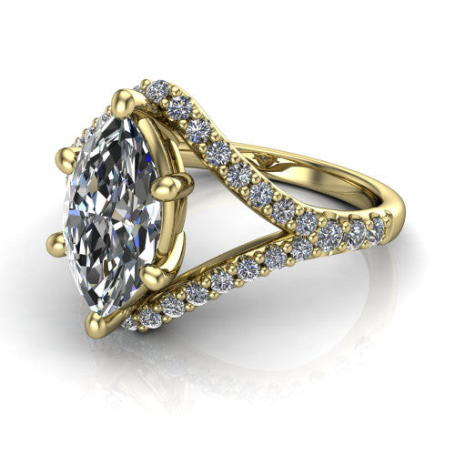 Clementine marquise classic engagement ring in 18K Yellow Gold, three-quarter perspective showing the prong-set center above a pav&eacute; bypass split shank