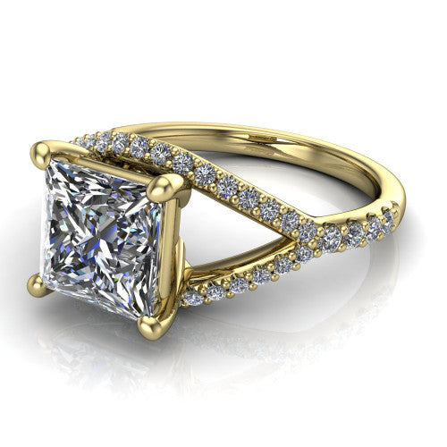 Clementine princess classic engagement ring in 14K Yellow Gold, three-quarter perspective showing the prong-set center above a pav&eacute; bypass split shank