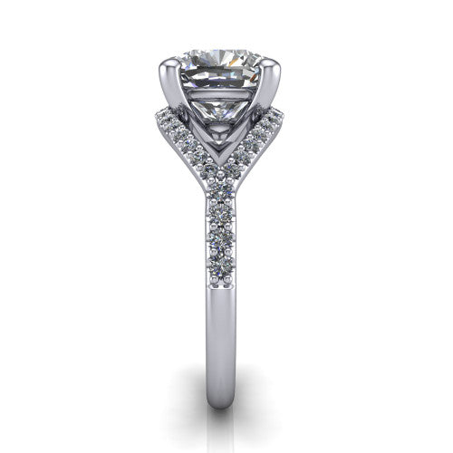 Clementine cushion classic engagement ring in 14K White Gold, side profile showing the pav&eacute; split shank crossing in a bypass beneath the center