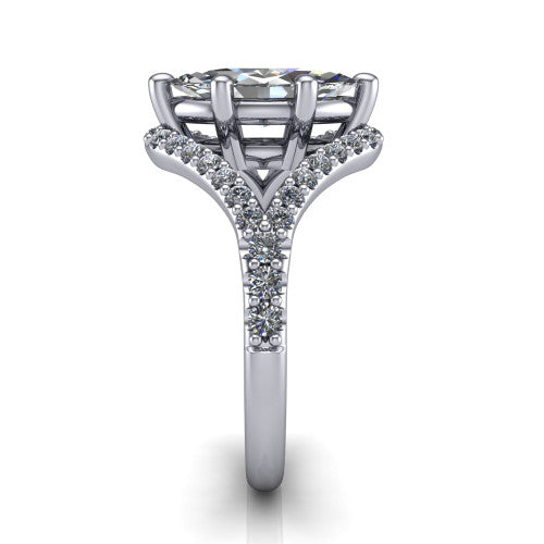 Clementine marquise classic engagement ring in 14K White Gold, side profile showing the pav&eacute; split shank crossing in a bypass beneath the center