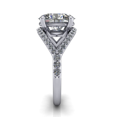 Clementine oval classic engagement ring in 14K White Gold, side profile showing the pav&eacute; split shank crossing in a bypass beneath the center