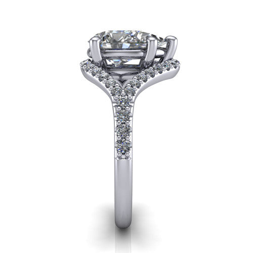 Clementine pear classic engagement ring in 18K White Gold, side profile showing the pav&eacute; split shank crossing in a bypass beneath the center