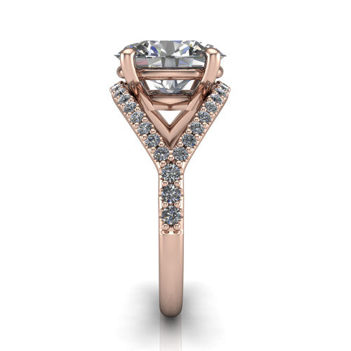 Clementine oval classic engagement ring in 14K Rose Gold, side profile showing the pav&eacute; split shank crossing in a bypass beneath the center