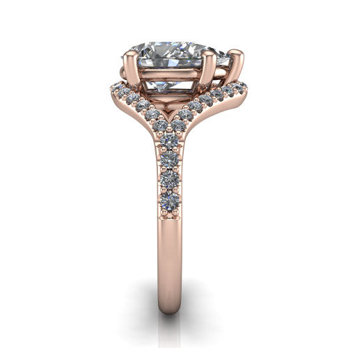 Clementine pear classic engagement ring in 14K Rose Gold, side profile showing the pav&eacute; split shank crossing in a bypass beneath the center