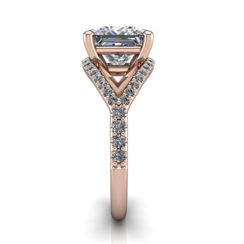 Clementine princess classic engagement ring in 14K Rose Gold, side profile showing the pav&eacute; split shank crossing in a bypass beneath the center
