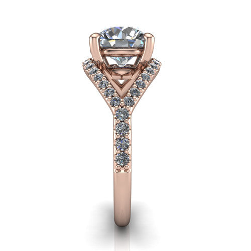 Clementine round classic engagement ring in 14K Rose Gold, side profile showing the pav&eacute; split shank crossing in a bypass beneath the center