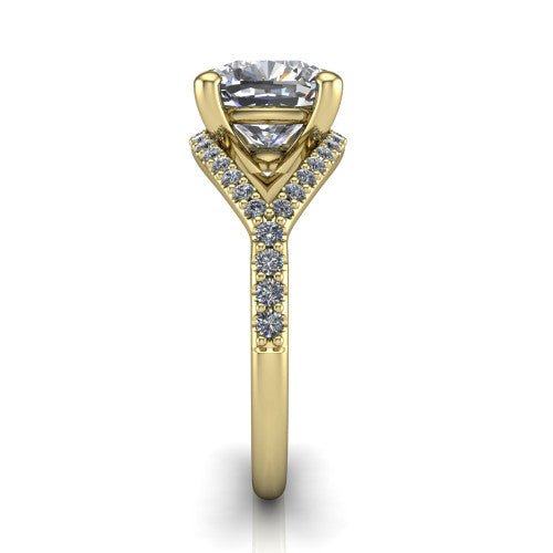 Clementine cushion classic engagement ring in 18K Yellow Gold, side profile showing the pav&eacute; split shank crossing in a bypass beneath the center
