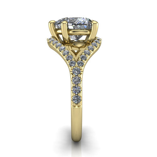 Clementine heart classic engagement ring in 14K Yellow Gold, side profile showing the pav&eacute; split shank crossing in a bypass beneath the center
