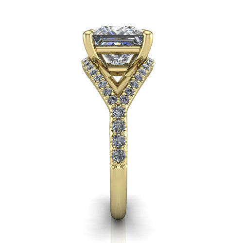 Clementine princess classic engagement ring in 14K Yellow Gold, side profile showing the pav&eacute; split shank crossing in a bypass beneath the center