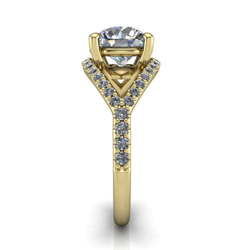 Clementine round classic engagement ring in 18K Yellow Gold, side profile showing the pav&eacute; split shank crossing in a bypass beneath the center