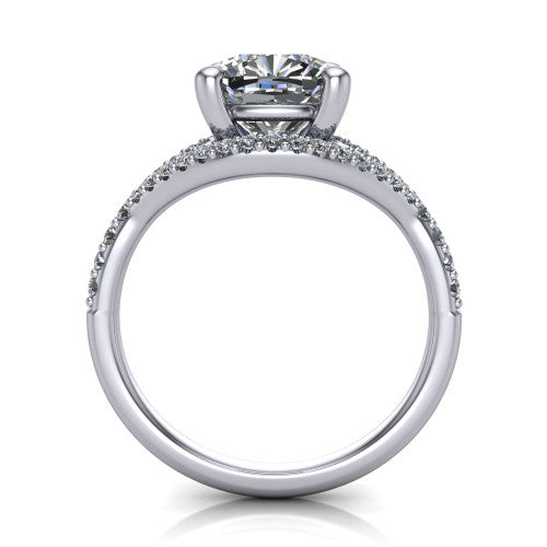 Clementine cushion classic engagement ring in Platinum, through-finger front profile showing the raised center above the pav&eacute; split band